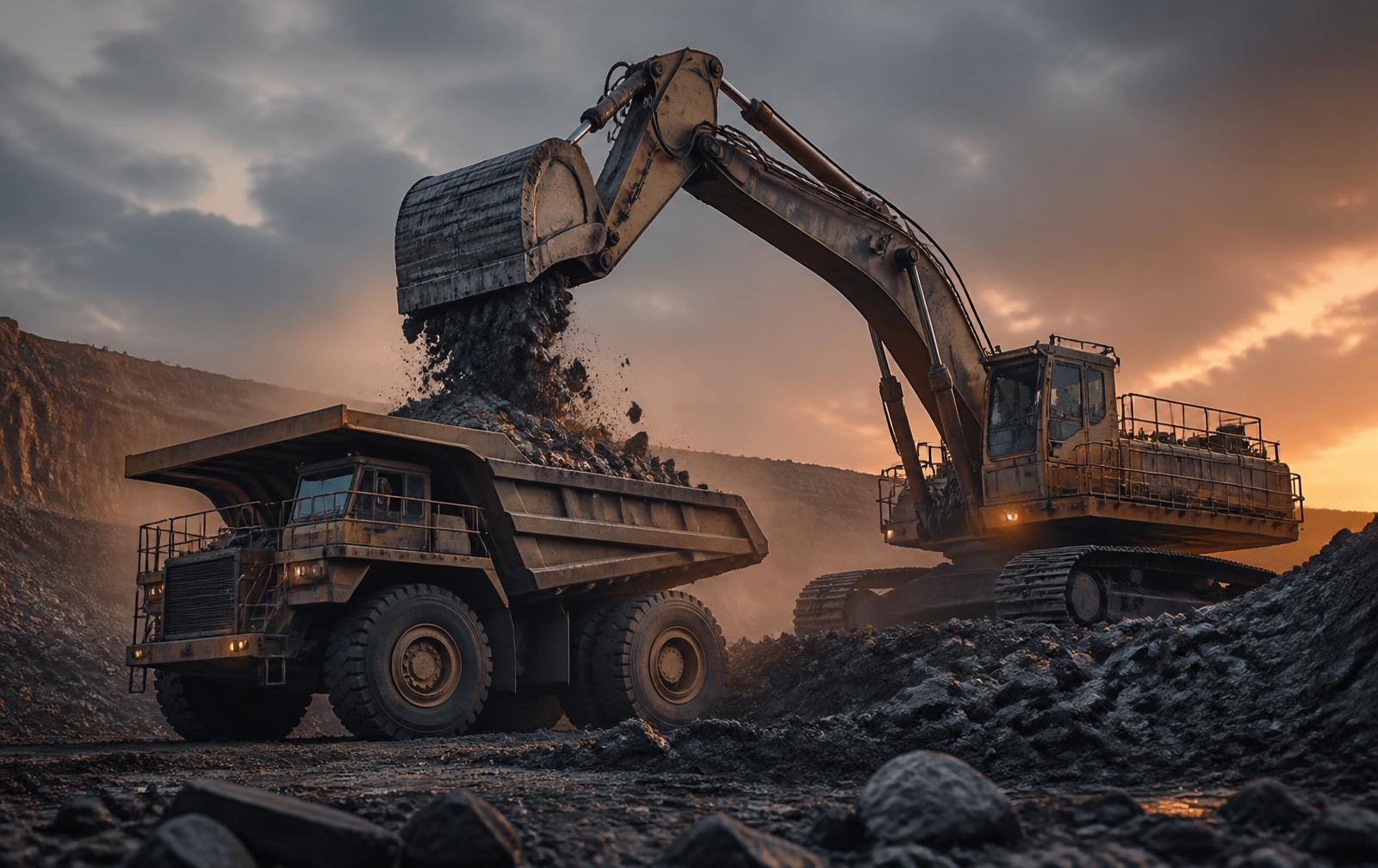 Heavy excavator working a mineral bench at dusk